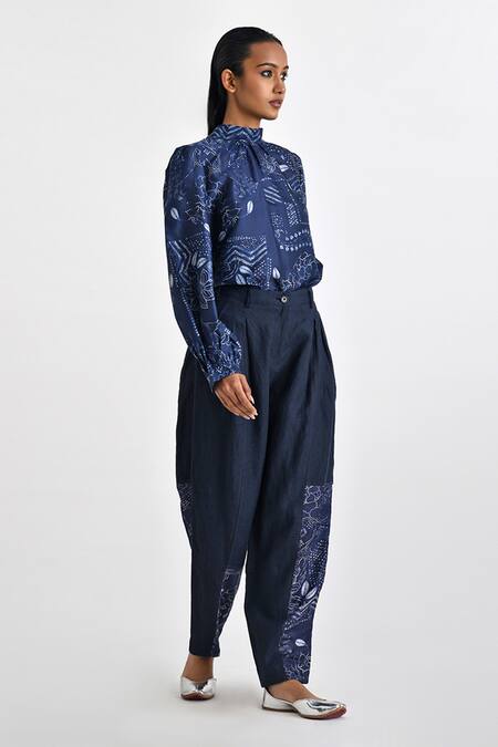 Payal Pratap Blue Silk Printed Bandhani Turtle Neck Verona Top Online at Aza Fashions Payal Pratap_Blue Silk Printed Bandhani Turtle Neck Verona Top _Online_at_Aza_Fashions