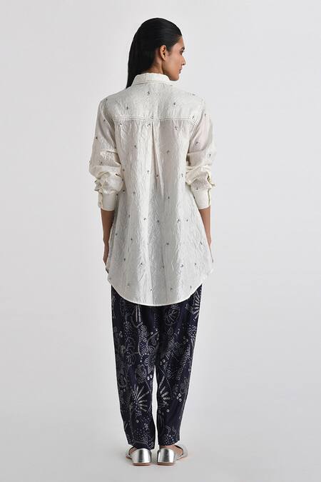 Shop Payal Pratap Ivory Crushed Silk Embroidered Thread Collared Aria Oversize Shirt at Aza Fashions Shop_Payal Pratap_Ivory Crushed Silk Embroidered Thread Collared Aria Oversize Shirt _at_Aza_Fashions