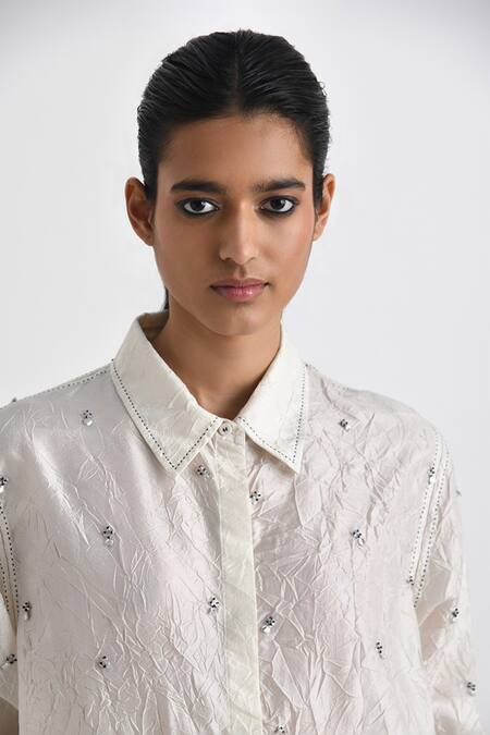 Buy Payal Pratap Ivory Crushed Silk Embroidered Thread Collared Aria Oversize Shirt Online at Aza Fashions Buy_Payal Pratap_Ivory Crushed Silk Embroidered Thread Collared Aria Oversize Shirt _Online_at_Aza_Fashions