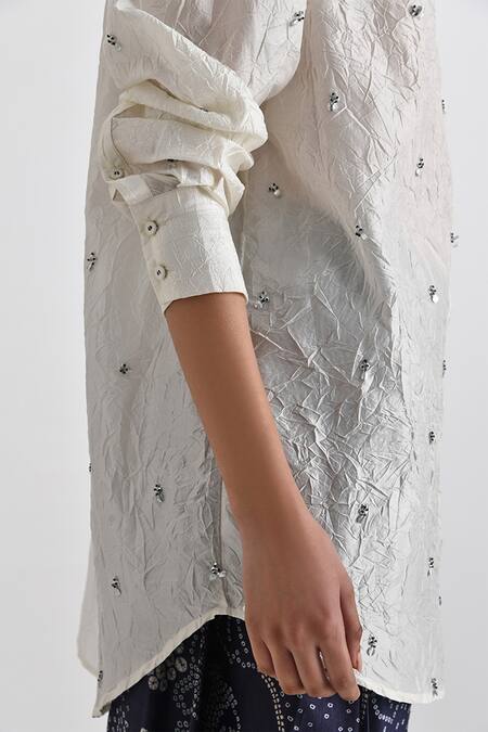 Shop Payal Pratap Ivory Crushed Silk Embroidered Thread Collared Aria Oversize Shirt Online at Aza Fashions Shop_Payal Pratap_Ivory Crushed Silk Embroidered Thread Collared Aria Oversize Shirt _Online_at_Aza_Fashions