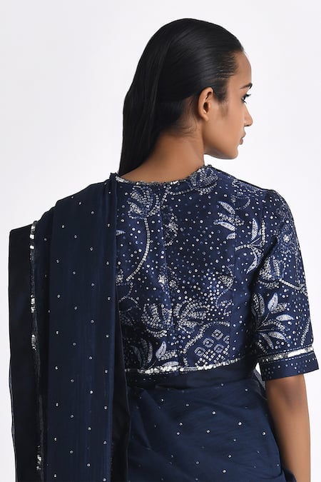 Shop_Payal Pratap_Blue Linen Satin Printed Bandhani V-neck Milos Blouse _at_Aza_Fashions