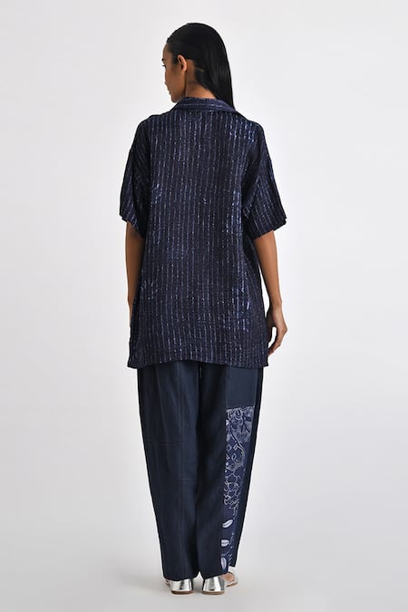 Shop_Payal Pratap_Blue Linen Satin Printed Bandhani Collared Perenne Shirt _at_Aza_Fashions