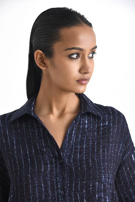 Shop_Payal Pratap_Blue Linen Satin Printed Bandhani Collared Perenne Shirt _Online_at_Aza_Fashions