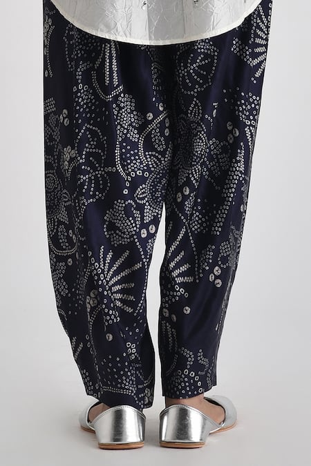 Shop Payal Pratap Blue Linen Satin Printed Bandhani Paria Pant at Aza Fashions Shop_Payal Pratap_Blue Linen Satin Printed Bandhani Paria Pant _at_Aza_Fashions