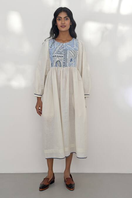 Payal Pratap Ivory Handloom Cotton Embroidered Kedia Round Adria Yoke Dress Online at Aza Fashions Payal Pratap_Ivory Handloom Cotton Embroidered Kedia Round Adria Yoke Dress _Online_at_Aza_Fashions