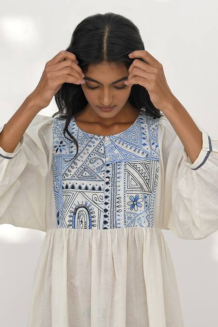 Buy Payal Pratap Ivory Handloom Cotton Embroidered Kedia Round Adria Yoke Dress Online at Aza Fashions Buy_Payal Pratap_Ivory Handloom Cotton Embroidered Kedia Round Adria Yoke Dress _Online_at_Aza_Fashions