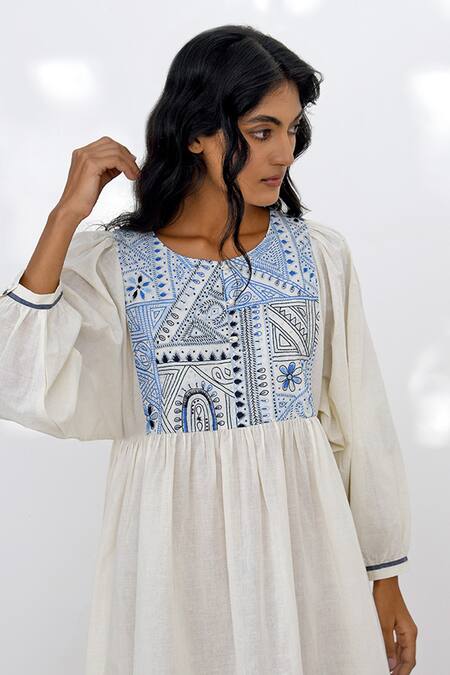 Shop Payal Pratap Ivory Handloom Cotton Embroidered Kedia Round Adria Yoke Dress Online at Aza Fashions Shop_Payal Pratap_Ivory Handloom Cotton Embroidered Kedia Round Adria Yoke Dress _Online_at_Aza_Fashions