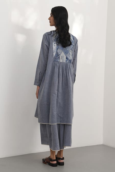 Shop Payal Pratap Blue Chambrey Cotton Embroidered Patchwork Round Novara Front Tunic at Aza Fashions Shop_Payal Pratap_Blue Chambrey Cotton Embroidered Patchwork Round Novara Front Tunic _at_Aza_Fashions