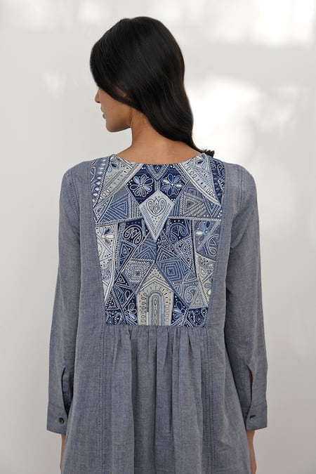 Shop Payal Pratap Blue Chambrey Cotton Embroidered Patchwork Round Novara Front Tunic Online at Aza Fashions Shop_Payal Pratap_Blue Chambrey Cotton Embroidered Patchwork Round Novara Front Tunic _Online_at_Aza_Fashions