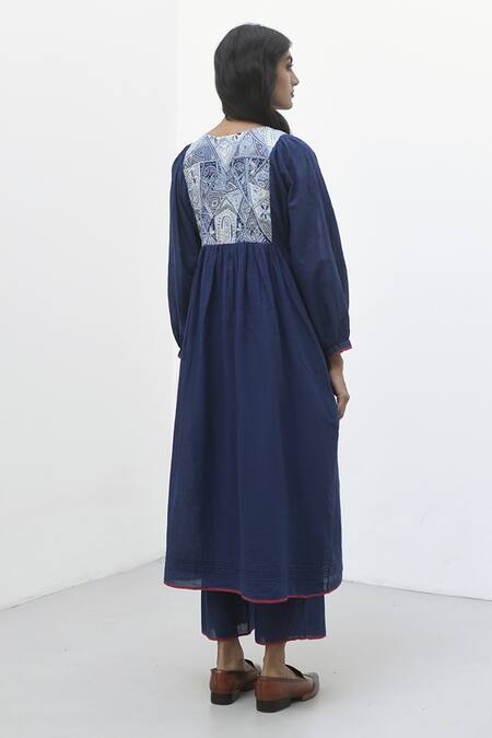 Shop Payal Pratap Blue Handloom Cotton Embroidered Patchwork Round Tivoli Front Tunic at Aza Fashions Shop_Payal Pratap_Blue Handloom Cotton Embroidered Patchwork Round Tivoli Front Tunic _at_Aza_Fashions