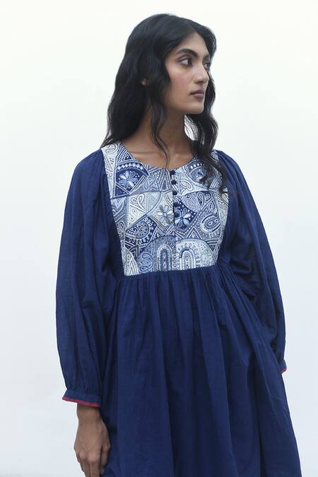 Buy Payal Pratap Blue Handloom Cotton Embroidered Patchwork Round Tivoli Front Tunic Online at Aza Fashions Buy_Payal Pratap_Blue Handloom Cotton Embroidered Patchwork Round Tivoli Front Tunic _Online_at_Aza_Fashions