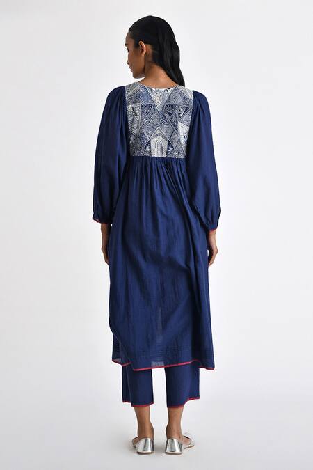 Shop Payal Pratap Blue Handloom Cotton Embroidered Patchwork Round Ragusa Front Tunic at Aza Fashions Shop_Payal Pratap_Blue Handloom Cotton Embroidered Patchwork Round Ragusa Front Tunic _at_Aza_Fashions