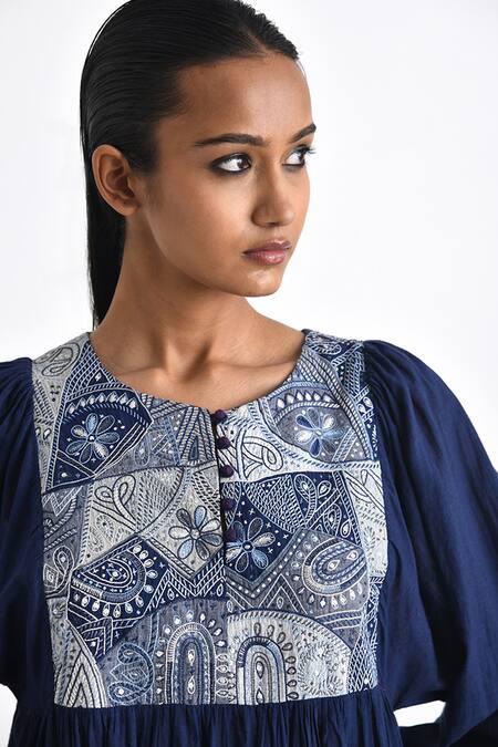 Buy Payal Pratap Blue Handloom Cotton Embroidered Patchwork Round Ragusa Front Tunic Online at Aza Fashions Buy_Payal Pratap_Blue Handloom Cotton Embroidered Patchwork Round Ragusa Front Tunic _Online_at_Aza_Fashions
