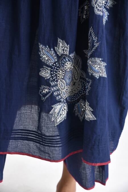 Shop Payal Pratap Blue Handloom Cotton Embroidered Patchwork Round Ragusa Front Tunic Online at Aza Fashions Shop_Payal Pratap_Blue Handloom Cotton Embroidered Patchwork Round Ragusa Front Tunic _Online_at_Aza_Fashions