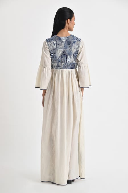 Shop Payal Pratap Ivory Handloom Cotton Embroidered Patchwork V Opatija Floral Maxi Dress at Aza Fashions Shop_Payal Pratap_Ivory Handloom Cotton Embroidered Patchwork V Opatija Floral Maxi Dress _at_Aza_Fashions