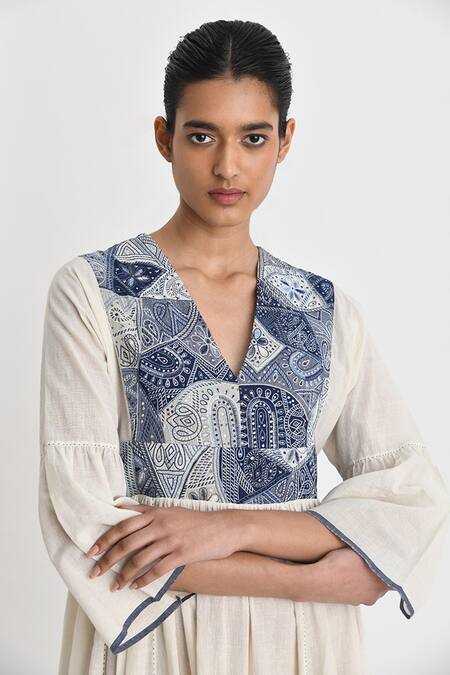 Shop Payal Pratap Ivory Handloom Cotton Embroidered Patchwork V Opatija Floral Maxi Dress Online at Aza Fashions Shop_Payal Pratap_Ivory Handloom Cotton Embroidered Patchwork V Opatija Floral Maxi Dress _Online_at_Aza_Fashions