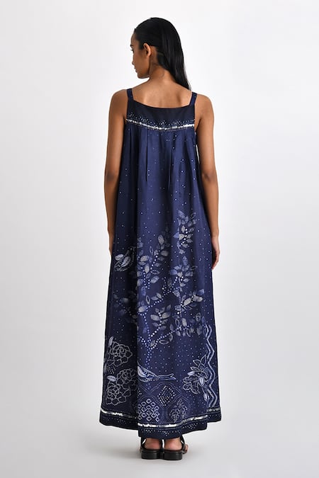 Shop_Payal Pratap_Blue Linen Satin Printed Sequin Square Rodia Botanical Dress _at_Aza_Fashions