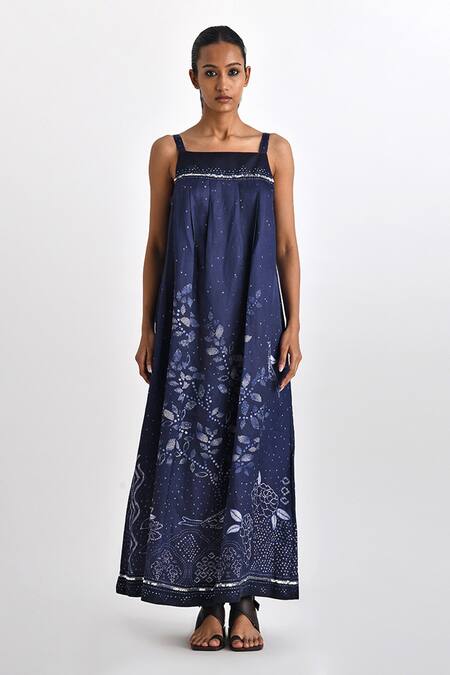 Payal Pratap_Blue Linen Satin Printed Sequin Square Rodia Botanical Dress _Online_at_Aza_Fashions