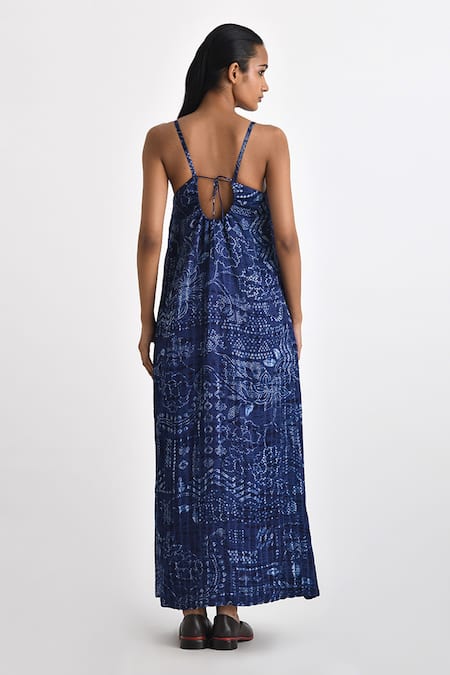 Shop Payal Pratap Blue Linen Satin Shibori Sweetheart Imerose Detailed Maxi Dress at Aza Fashions Shop_Payal Pratap_Blue Linen Satin Shibori Sweetheart Imerose Detailed Maxi Dress _at_Aza_Fashions
