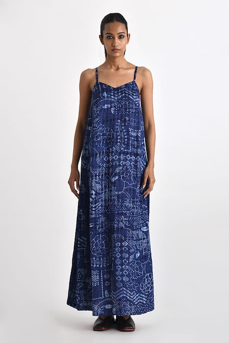 Payal Pratap Blue Linen Satin Shibori Sweetheart Imerose Detailed Maxi Dress Online at Aza Fashions Payal Pratap_Blue Linen Satin Shibori Sweetheart Imerose Detailed Maxi Dress _Online_at_Aza_Fashions