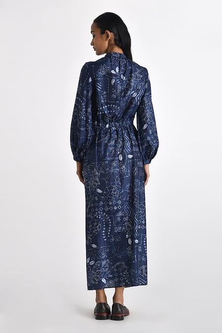 Shop Payal Pratap Blue Silk Printed Botanical Polo Neck Chionato Black Slit Dress at Aza Fashions Shop_Payal Pratap_Blue Silk Printed Botanical Polo Neck Chionato Black Slit Dress _at_Aza_Fashions