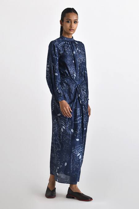 Payal Pratap Blue Silk Printed Botanical Polo Neck Chionato Black Slit Dress Online at Aza Fashions Payal Pratap_Blue Silk Printed Botanical Polo Neck Chionato Black Slit Dress _Online_at_Aza_Fashions
