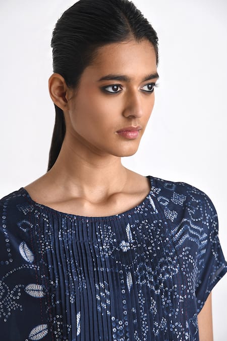 Buy Payal Pratap Blue Silk Embroidery Round Neck Perdiki Bandhani Print Dress Online at Aza Fashions Buy_Payal Pratap_Blue Silk Embroidery Round Neck Perdiki Bandhani Print Dress _Online_at_Aza_Fashions