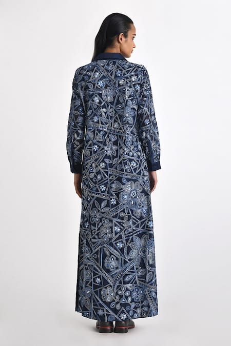 Shop Payal Pratap Blue Chanderi Hand Embroidery Thread Collared Otillie Shirt Dress at Aza Fashions Shop_Payal Pratap_Blue Chanderi Hand Embroidery Thread Collared Otillie Shirt Dress _at_Aza_Fashions
