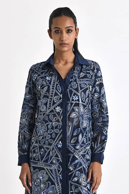 Payal Pratap Blue Chanderi Hand Embroidery Thread Collared Otillie Shirt Dress Online at Aza Fashions Payal Pratap_Blue Chanderi Hand Embroidery Thread Collared Otillie Shirt Dress _Online_at_Aza_Fashions