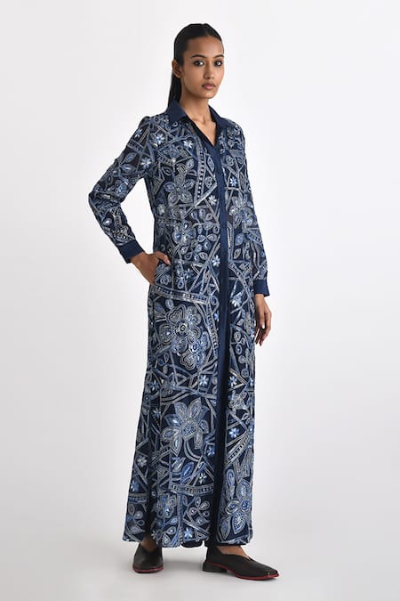 Buy Payal Pratap Blue Chanderi Hand Embroidery Thread Collared Otillie Shirt Dress Online at Aza Fashions Buy_Payal Pratap_Blue Chanderi Hand Embroidery Thread Collared Otillie Shirt Dress _Online_at_Aza_Fashions