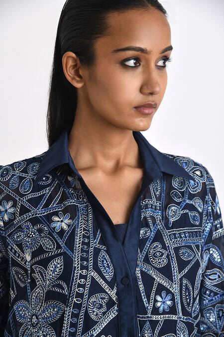 Shop Payal Pratap Blue Chanderi Hand Embroidery Thread Collared Otillie Shirt Dress Online at Aza Fashions Shop_Payal Pratap_Blue Chanderi Hand Embroidery Thread Collared Otillie Shirt Dress _Online_at_Aza_Fashions