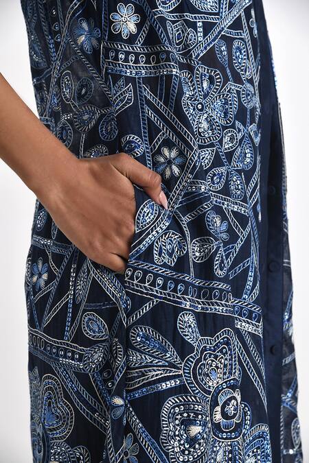 Payal Pratap Blue Chanderi Hand Embroidery Thread Collared Otillie Shirt Dress at Aza Fashions Payal Pratap_Blue Chanderi Hand Embroidery Thread Collared Otillie Shirt Dress _at_Aza_Fashions