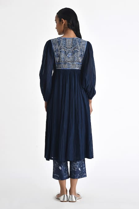 Shop Payal Pratap Blue Chanderi Hand Embroidery Notched Round Modena Yoke Tunic at Aza Fashions Shop_Payal Pratap_Blue Chanderi Hand Embroidery Notched Round Modena Yoke Tunic _at_Aza_Fashions