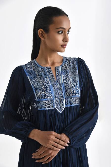 Buy Payal Pratap Blue Chanderi Hand Embroidery Notched Round Modena Yoke Tunic Online at Aza Fashions Buy_Payal Pratap_Blue Chanderi Hand Embroidery Notched Round Modena Yoke Tunic _Online_at_Aza_Fashions