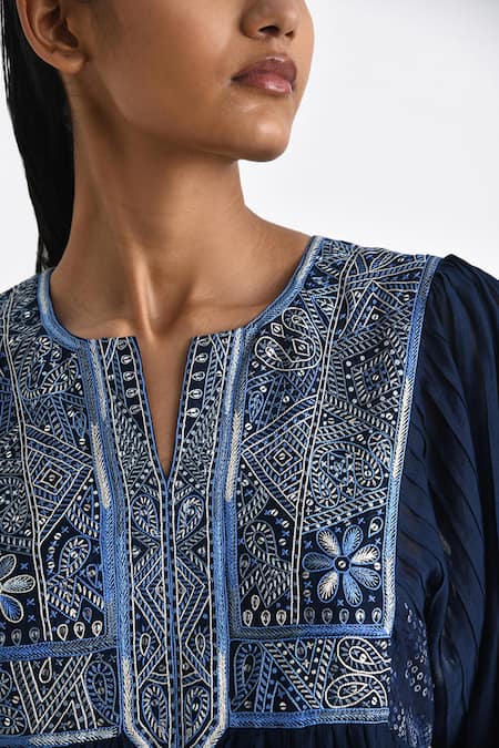 Shop Payal Pratap Blue Chanderi Hand Embroidery Notched Round Modena Yoke Tunic Online at Aza Fashions Shop_Payal Pratap_Blue Chanderi Hand Embroidery Notched Round Modena Yoke Tunic _Online_at_Aza_Fashions