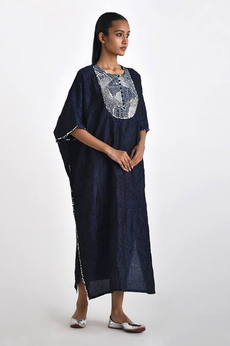 Payal Pratap Blue Silk Embroidery, Sequins Round Neck Veronia Yoke Kaftan Dress Online at Aza Fashions Payal Pratap_Blue Silk Embroidery, Sequins Round Neck Veronia Yoke Kaftan Dress _Online_at_Aza_Fashions