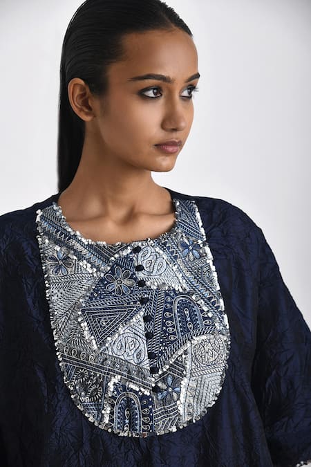 Buy Payal Pratap Blue Silk Embroidery, Sequins Round Neck Veronia Yoke Kaftan Dress Online at Aza Fashions Buy_Payal Pratap_Blue Silk Embroidery, Sequins Round Neck Veronia Yoke Kaftan Dress _Online_at_Aza_Fashions