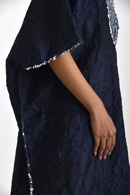 Shop Payal Pratap Blue Silk Embroidery, Sequins Round Neck Veronia Yoke Kaftan Dress Online at Aza Fashions Shop_Payal Pratap_Blue Silk Embroidery, Sequins Round Neck Veronia Yoke Kaftan Dress _Online_at_Aza_Fashions