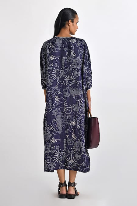 Shop Payal Pratap Blue Linen, Satin Sequins V-neck Robita Printed Kaftan Dress at Aza Fashions Shop_Payal Pratap_Blue Linen, Satin Sequins V-neck Robita Printed Kaftan Dress _at_Aza_Fashions