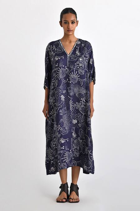 Payal Pratap Blue Linen, Satin Sequins V-neck Robita Printed Kaftan Dress Online at Aza Fashions Payal Pratap_Blue Linen, Satin Sequins V-neck Robita Printed Kaftan Dress _Online_at_Aza_Fashions