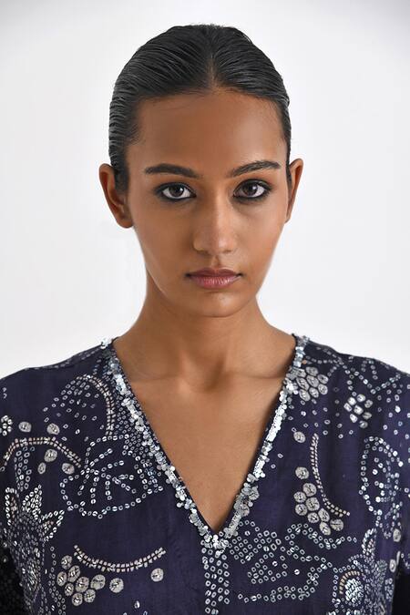 Buy Payal Pratap Blue Linen, Satin Sequins V-neck Robita Printed Kaftan Dress Online at Aza Fashions Buy_Payal Pratap_Blue Linen, Satin Sequins V-neck Robita Printed Kaftan Dress _Online_at_Aza_Fashions