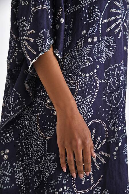 Shop Payal Pratap Blue Linen, Satin Sequins V-neck Robita Printed Kaftan Dress Online at Aza Fashions Shop_Payal Pratap_Blue Linen, Satin Sequins V-neck Robita Printed Kaftan Dress _Online_at_Aza_Fashions