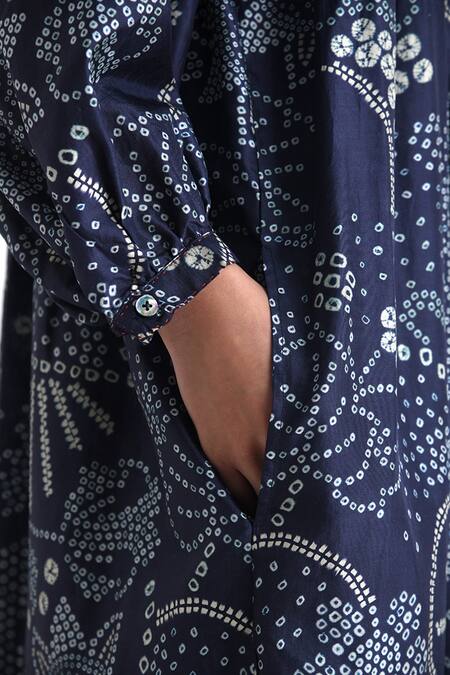 Shop Payal Pratap Blue Silk Printed Bandhani Round Trilifos Tunic Online at Aza Fashions Shop_Payal Pratap_Blue Silk Printed Bandhani Round Trilifos Tunic _Online_at_Aza_Fashions