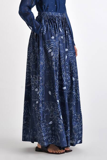 Payal Pratap Blue Silk Printed Bandhani Pella Pleated Long Skirt Online at Aza Fashions Payal Pratap_Blue Silk Printed Bandhani Pella Pleated Long Skirt _Online_at_Aza_Fashions