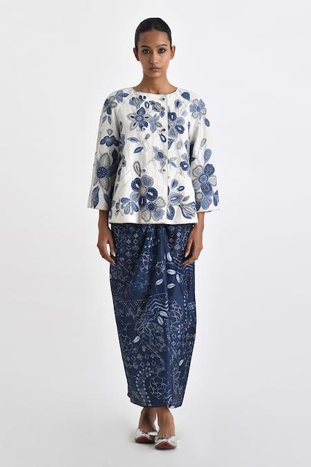 Shop_Payal Pratap_Blue Silk Printed Bandhani Ballacio Knot Detailed Front Skirt _at_Aza_Fashions