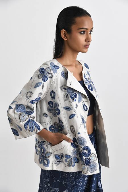 Buy Payal Pratap Ivory Linen Embroidered Floral Round Bronte Jacket Online at Aza Fashions Buy_Payal Pratap_Ivory Linen Embroidered Floral Round Bronte Jacket _Online_at_Aza_Fashions