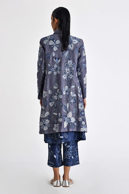 Shop Payal Pratap Blue Chambrey Linen Embroidered Floral Collared Modica Jacket at Aza Fashions Shop_Payal Pratap_Blue Chambrey Linen Embroidered Floral Collared Modica Jacket _at_Aza_Fashions