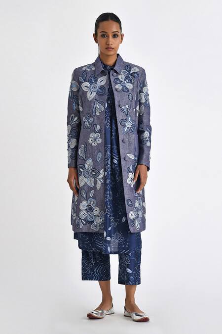 Payal Pratap Blue Chambrey Linen Embroidered Floral Collared Modica Jacket Online at Aza Fashions Payal Pratap_Blue Chambrey Linen Embroidered Floral Collared Modica Jacket _Online_at_Aza_Fashions