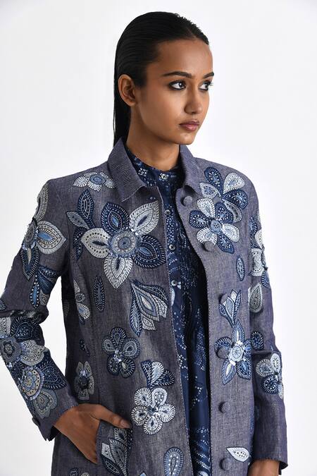 Buy Payal Pratap Blue Chambrey Linen Embroidered Floral Collared Modica Jacket Online at Aza Fashions Buy_Payal Pratap_Blue Chambrey Linen Embroidered Floral Collared Modica Jacket _Online_at_Aza_Fashions