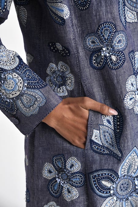 Shop Payal Pratap Blue Chambrey Linen Embroidered Floral Collared Modica Jacket Online at Aza Fashions Shop_Payal Pratap_Blue Chambrey Linen Embroidered Floral Collared Modica Jacket _Online_at_Aza_Fashions